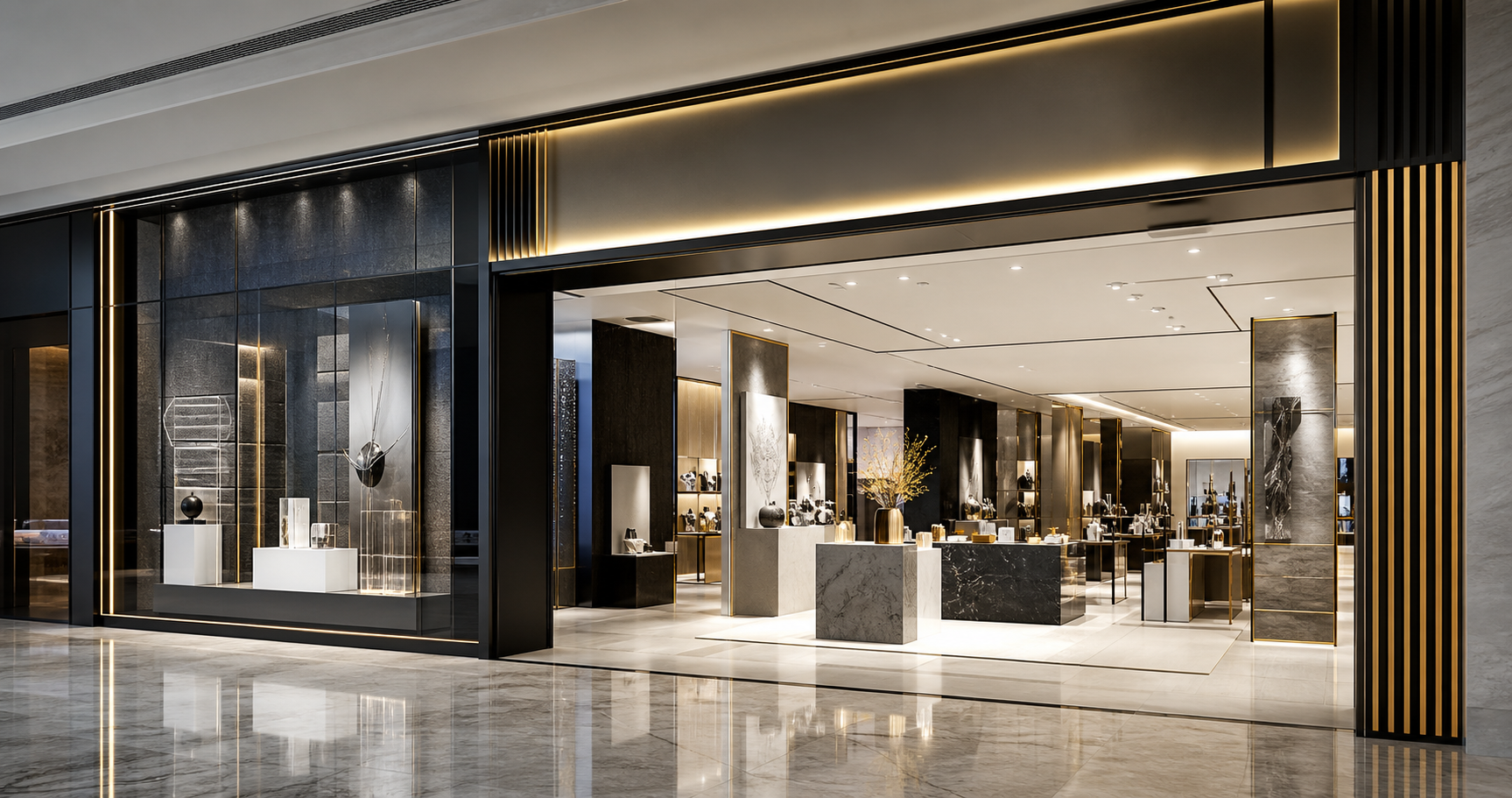 Premium retail brand environment with illuminated signage